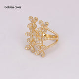 Zircon Micro Paved Ring Lucky Flower Leaf Trapezoid Women Party Jewelry