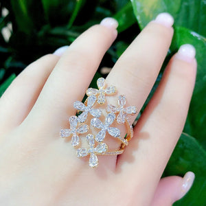 Zircon Micro Paved Ring Lucky Flower Leaf Trapezoid Women Party Jewelry