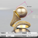 Adjustable Pearl Ring Women Cubic Zirconia Bridal Jewelry