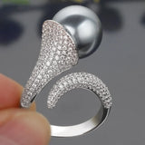 Adjustable Pearl Ring Women Cubic Zirconia Bridal Jewelry