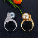 Adjustable Pearl Ring Women Cubic Zirconia Bridal Jewelry