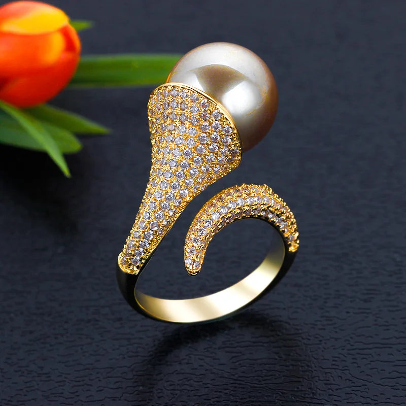 Adjustable Pearl Ring Women Cubic Zirconia Bridal Jewelry