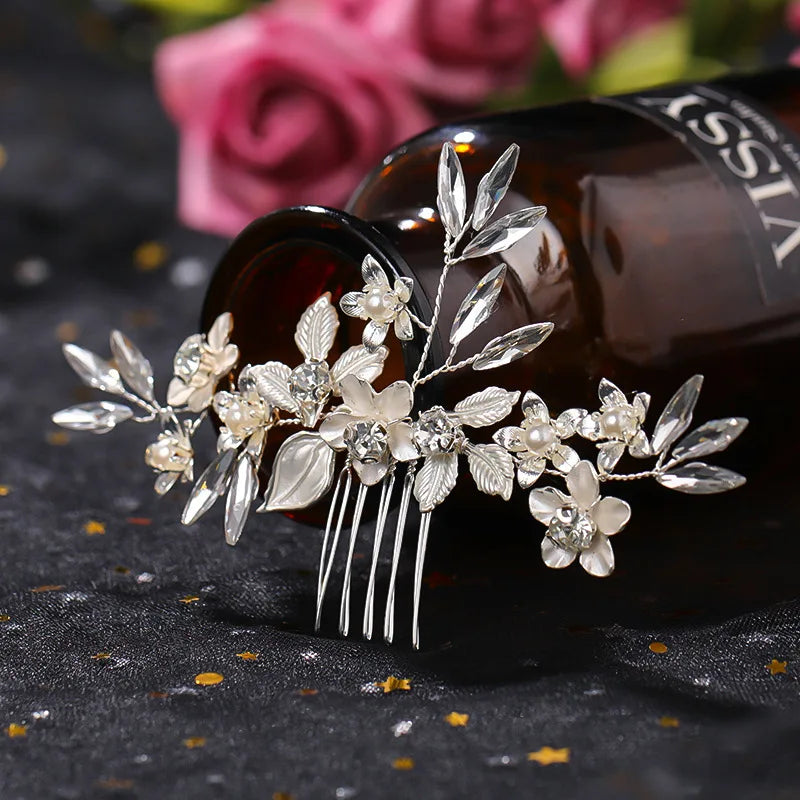 Bridal Wedding Hair Comb Rhinestone Pearl Flower Leaf Headpiece