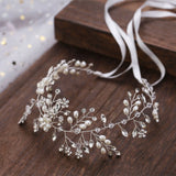 Pearl Rhinestone Flower Wedding Headband Ribbon Hair Jewelry for Women