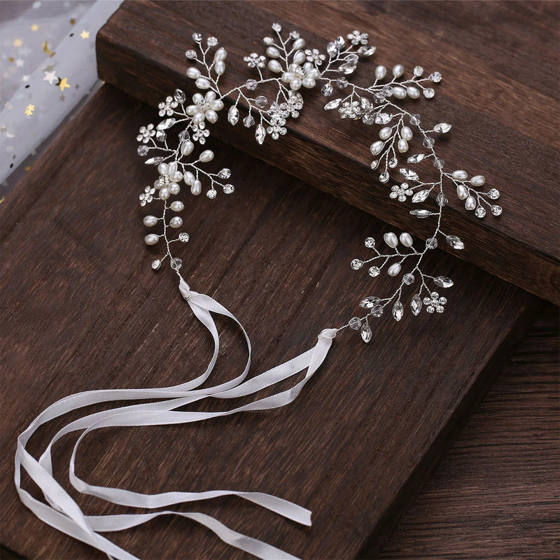 Pearl Rhinestone Flower Wedding Headband Ribbon Hair Jewelry for Women