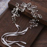 Pearl Rhinestone Flower Wedding Headband Ribbon Hair Jewelry for Women