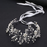 Pearl Rhinestone Flower Wedding Headband Ribbon Hair Jewelry for Women