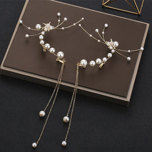 Bride pearls tassel ear clip earrings wedding dress retro