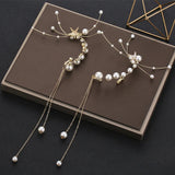 Bride pearls tassel ear clip earrings wedding dress retro