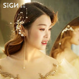 Bride pearls tassel ear clip earrings wedding dress retro