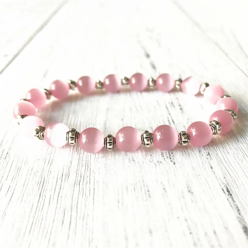 Metal Bead & Pink Cat's Eye Bracelet - Healing Stone Gift for Women