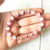 Metal Bead & Pink Cat's Eye Bracelet - Healing Stone Gift for Women