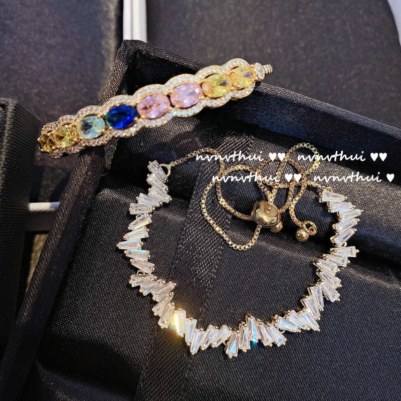 Colorful Gemstone Bracelet 18K Plating Rhinestone Zircon Open-Ended