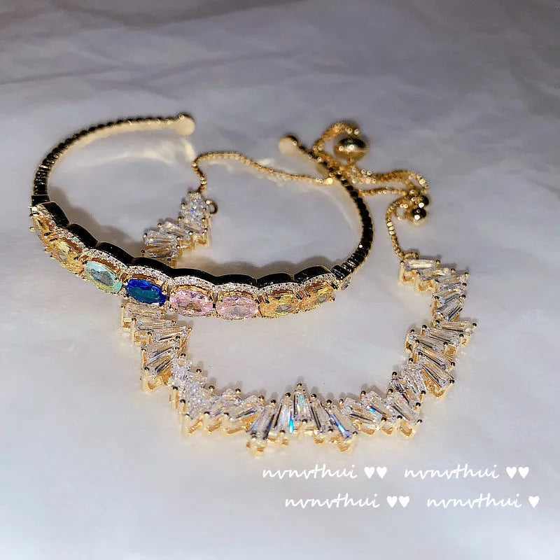 Colorful Gemstone Bracelet 18K Plating Rhinestone Zircon Open-Ended