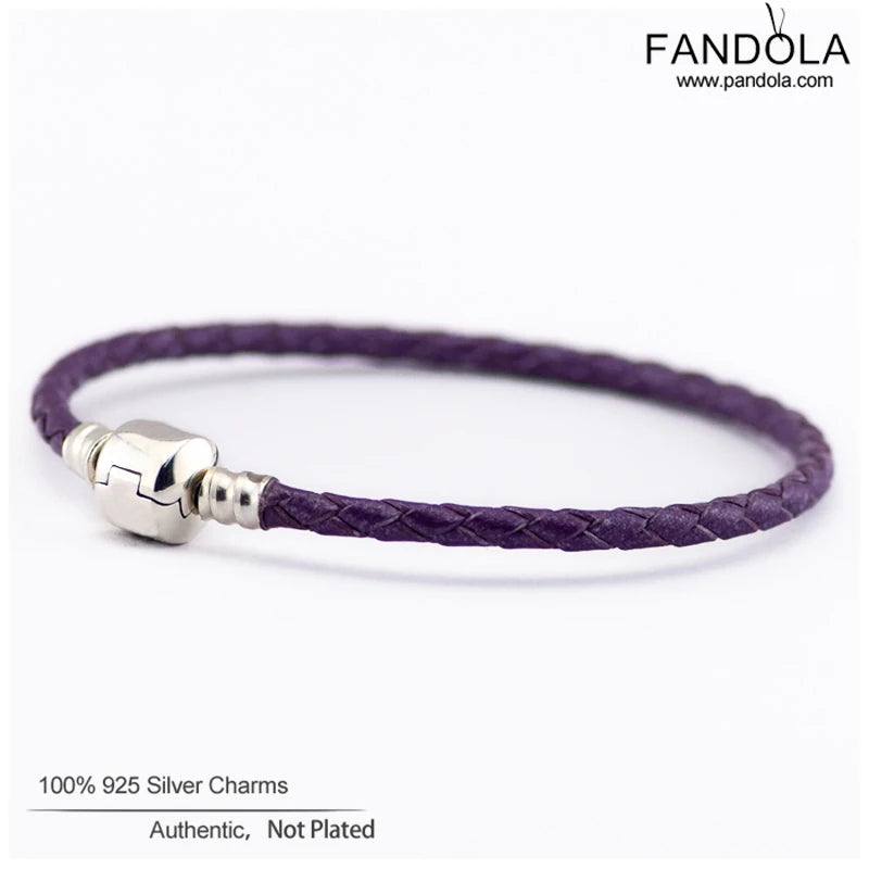 Bright Purple Leather Bracelets For Women 925 Sterling Silver Charm Bracelet