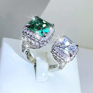 Green Cubic Zirconia Wedding Ring - Double End Square - Prom Jewelry