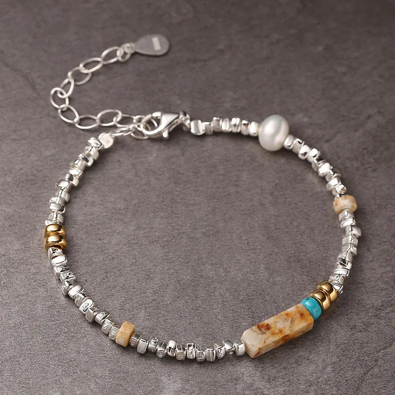 Broken Silver Pearl Tiger's Eye Bracelet 925 Sterling Silver Irregular Cut