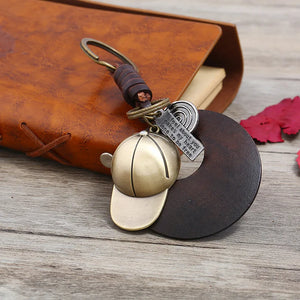 Baseball Cap Wood Round Charm Keychain