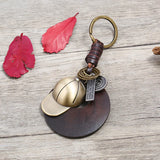 Baseball Cap Wood Round Charm Keychain