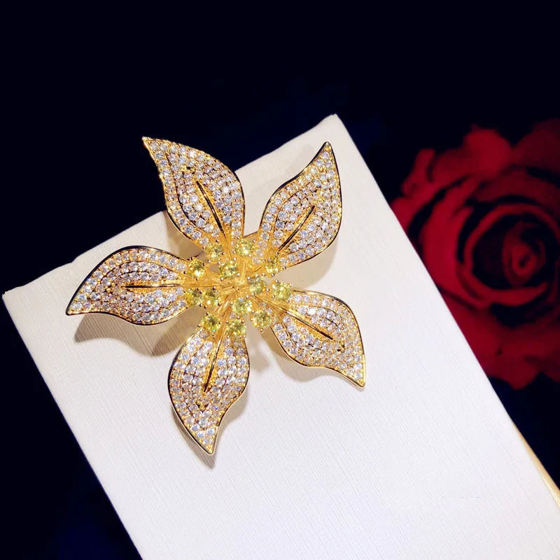 CZ Yellow Bauhinia Brooch Vintage Pin Hyperbole Fine Jewelry