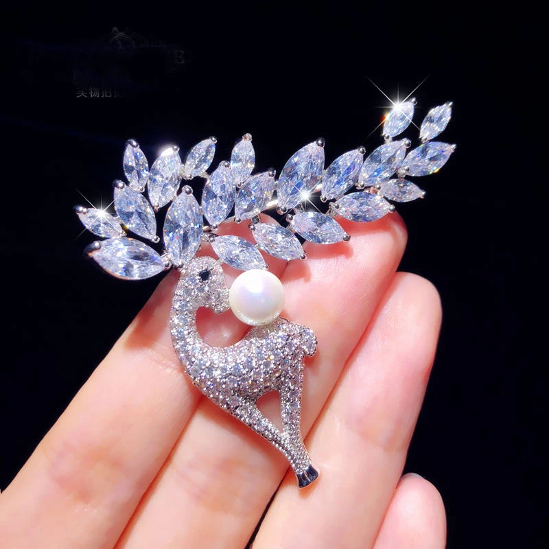 CZ Pearl Elk Shape Brooch for Women
