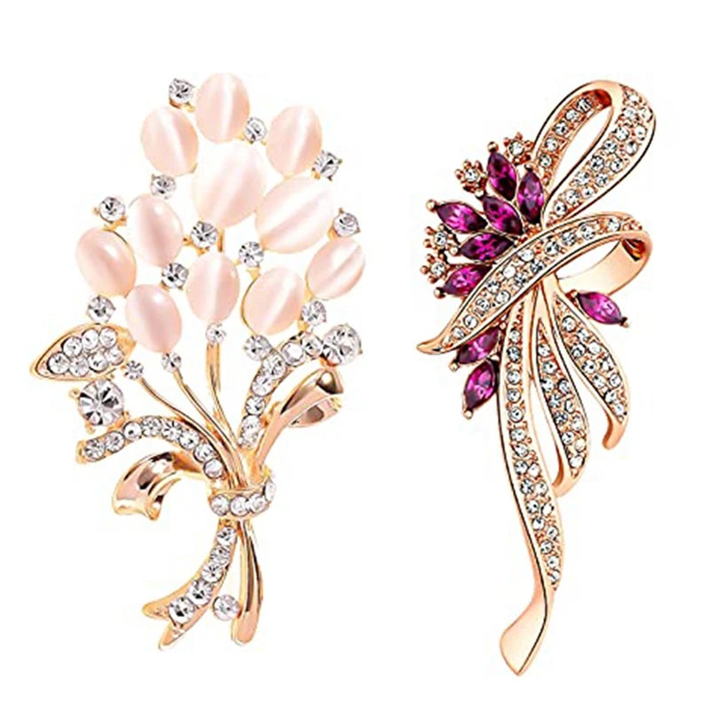 Floral Rhinestone Brooch Set - Crystal Wedding Pins