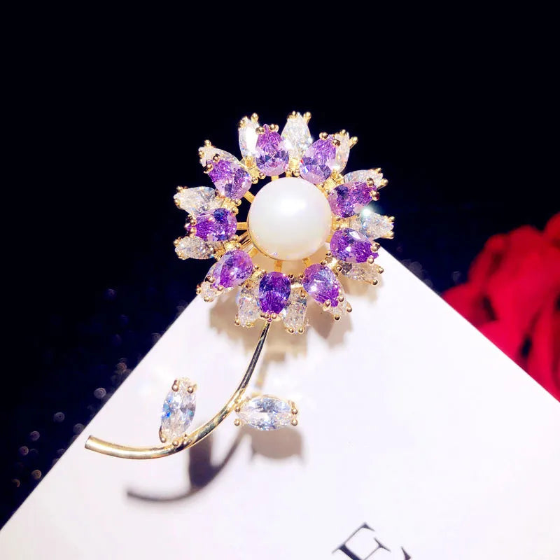 Vintage Sunflower CZ Brooch Pin Women's Fine Jewelry