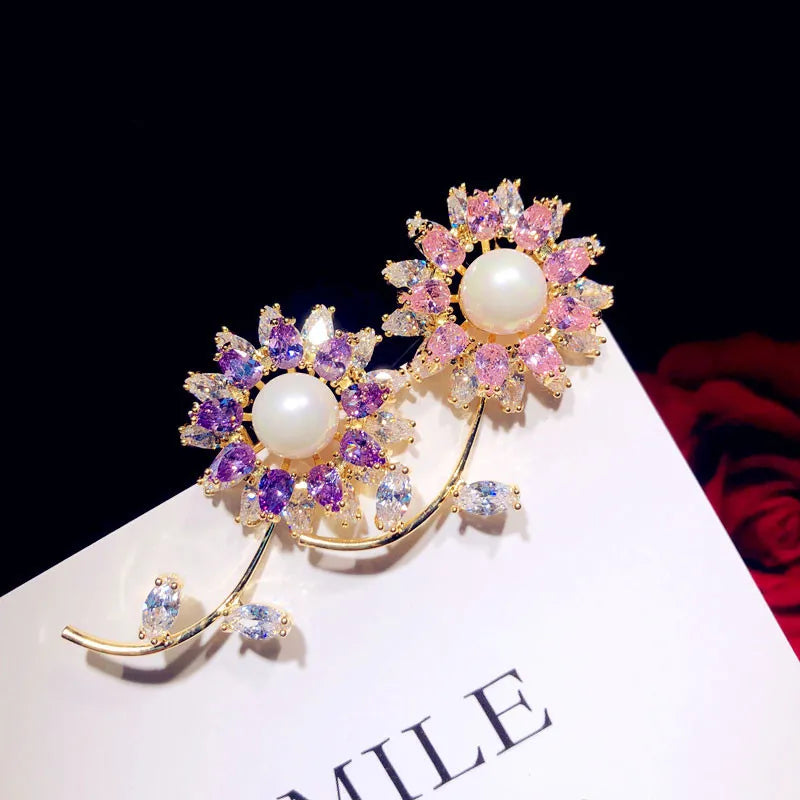 Vintage Sunflower CZ Brooch Pin Women's Fine Jewelry