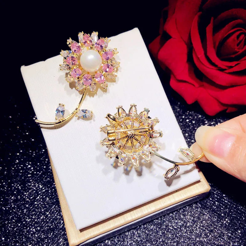Vintage Sunflower CZ Brooch Pin Women's Fine Jewelry