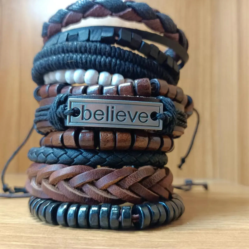 Brown Charm Wrap Leather Bracelets Set Men Women Jewelry