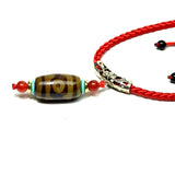 Brown 3 Eyes Dzi Beads Agate Pendant Necklace Red Braided Rope Adjustable