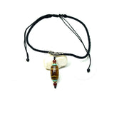 Brown 3 Eyes Dzi Beads Agate Pendant Necklace Red Braided Rope Adjustable