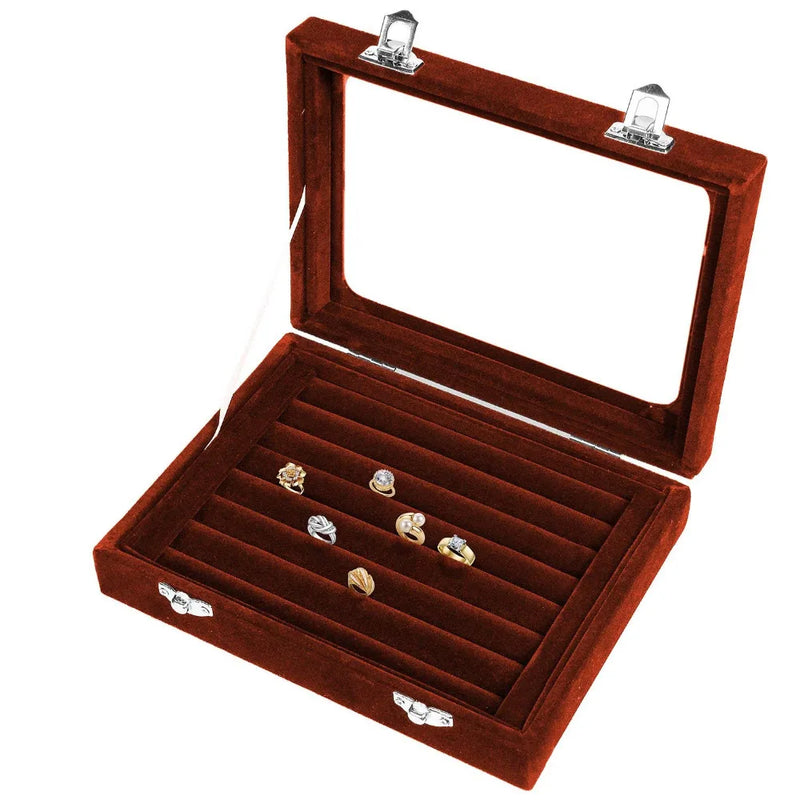 Brown 7 Slots Velvet Display Case Box Earring Ring Organizer Jewelry