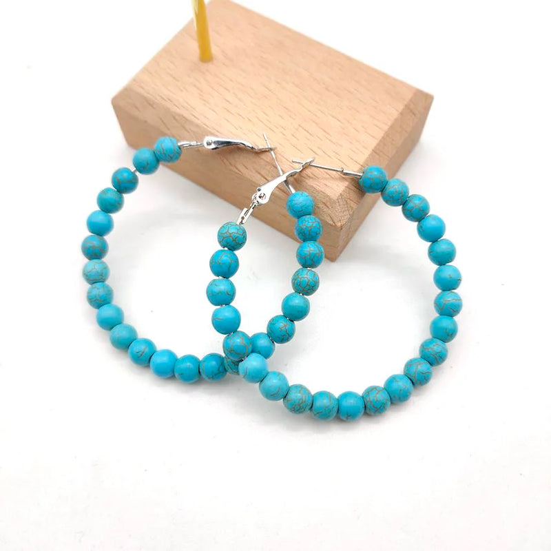 Brown Beaded Wooden Hoop Earrings with Natural Stone Beads