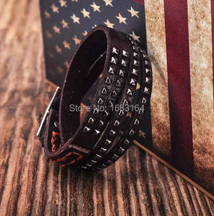 Brown Double Wrap Leather Wristbands Bracelet Cuff Punk Mens