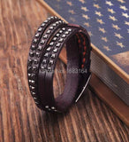 Brown Double Wrap Leather Wristbands Bracelet Cuff Punk Mens