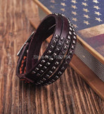 Brown Double Wrap Leather Wristbands Bracelet Cuff Punk Mens