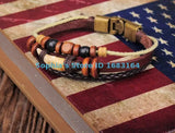 Brown Copper Wooden Beads Leather Wristband Bracelet Cuff