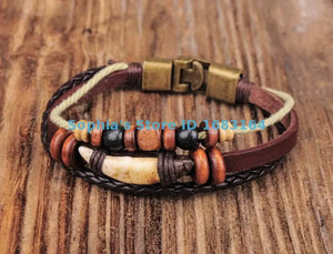 Brown Copper Wooden Beads Leather Wristband Bracelet Cuff