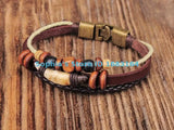 Brown Copper Wooden Beads Leather Wristband Bracelet Cuff