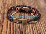 Brown Copper Wooden Beads Leather Wristband Bracelet Cuff
