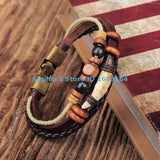 Brown Copper Wooden Beads Leather Wristband Bracelet Cuff