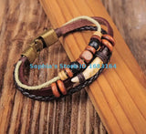 Brown Copper Wooden Beads Leather Wristband Bracelet Cuff