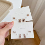 Flocked Bear Rabbit Earrings Set Small Studs