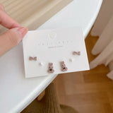 Flocked Bear Rabbit Earrings Set Small Studs