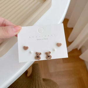 Flocked Bear Rabbit Earrings Set Small Studs