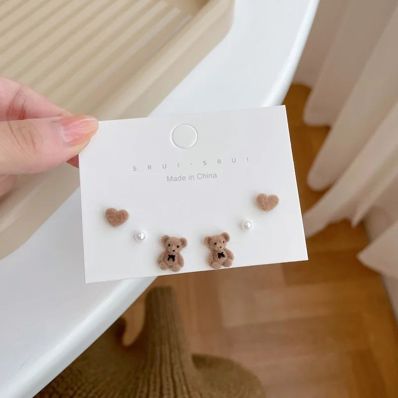 Flocked Bear Rabbit Earrings Set Small Studs