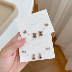 Flocked Bear Rabbit Earrings Set Small Studs