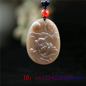 Brown Jade Butterfly Pendant Flower Chinese Women Amulet Necklace