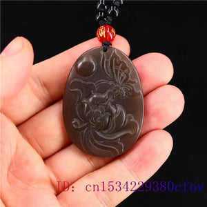 Brown Jade Butterfly Pendant Flower Chinese Women Amulet Necklace
